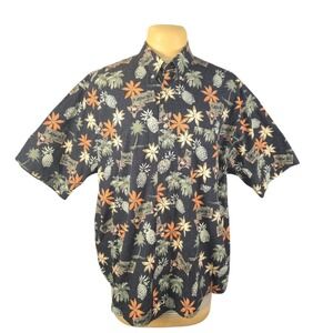 Crossings Mens XXL Tropical Pineapple Palm Tree Cotton Hawaiian Shirt Black Luau